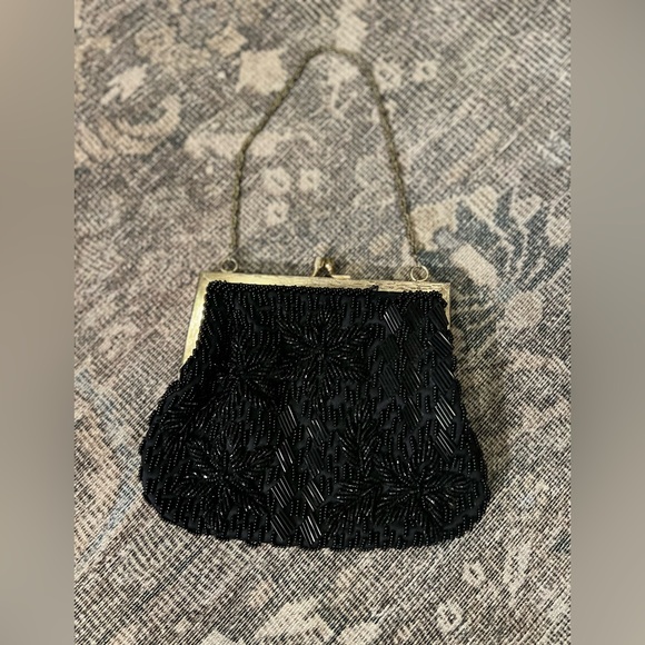 Vintage Handbags - Vintage Art Deco Flapper Black Glass Tube Beaded Purse Made in Macau